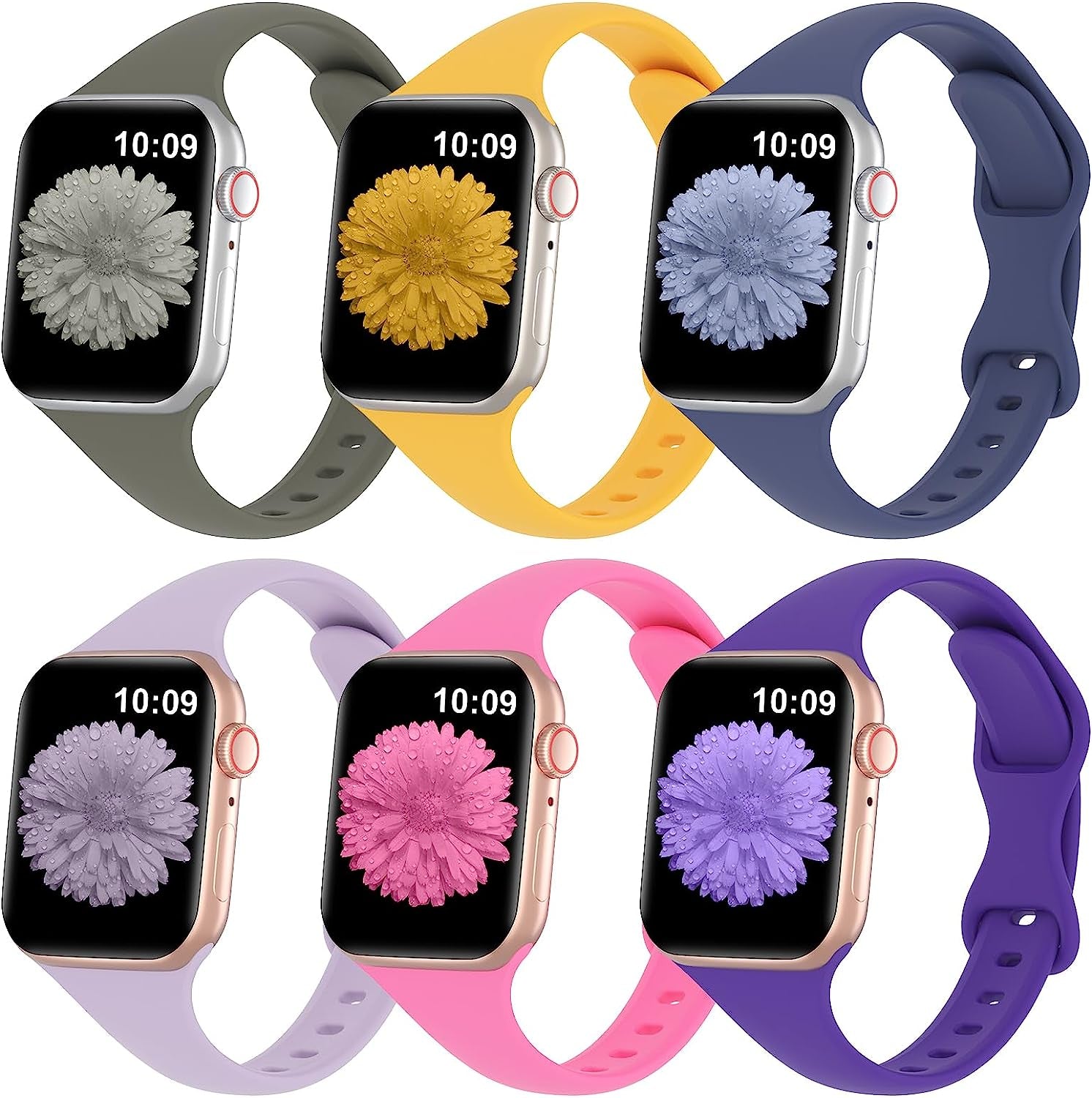 Slimband 6 Pack Slim Silicone Bands Compatible for Apple Watch Band 38Mm 40Mm 41Mm 42Mm 44Mm 45Mm 49Mm, Narrow Replacement Strap Thin Wristband for Iwatch Ultra Series 8/SE/7/6/5/4/3/2/1 Women Men  Slimband Khaki/Sunflower/Alaskan Blue/Lavender/Hot Pink/Purple 42mm/44mm/45mm/49mm 