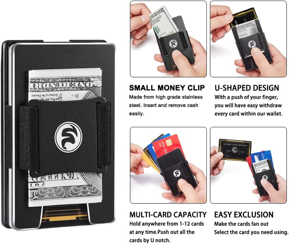 Men Minimalist Metal Wallet with ID Window Money Clip | Slim Front Pocket RFID Blocking Aluminum EDC Tactical Wallets with Cash Strap | Personalized Mini Multifunction Card Holder for Travel Business  FeiYen   