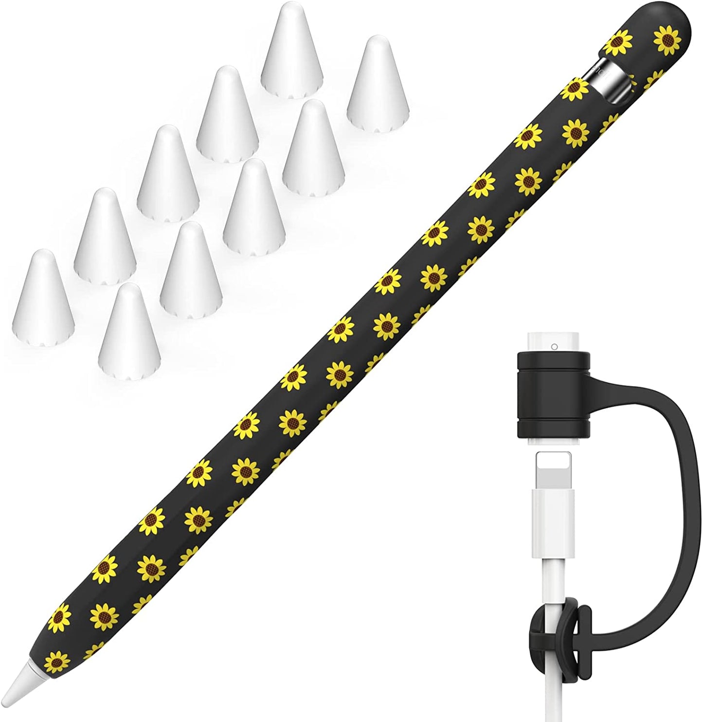 NIUTRENDZ Sunflower Case for Apple Pencil 1St Generation Case Cover Silicone Protective Sleeve Accessories with Apple Pencil Tips Cover & Cable Adapter Tether (Black)  NIUTRENDZ   