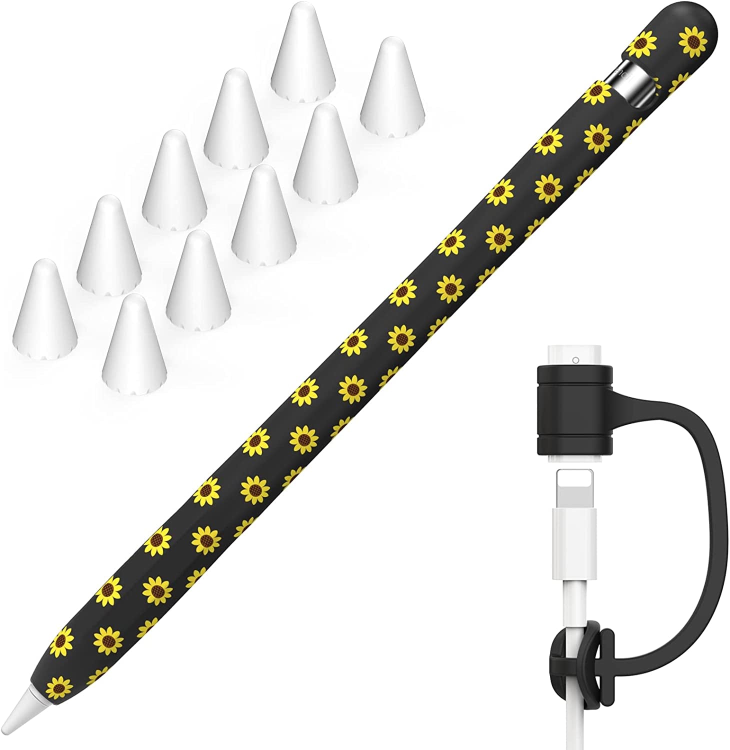NIUTRENDZ Sunflower Case for Apple Pencil 1St Generation Case Cover Silicone Protective Sleeve Accessories with Apple Pencil Tips Cover & Cable Adapter Tether (Black)  NIUTRENDZ   