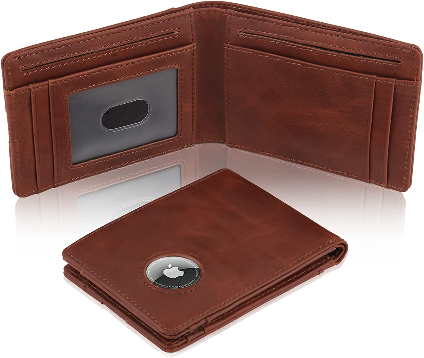 HLHGR Airtag Wallet Men Genuine Leather Cash Credit Card Bifold Wallet RFID Blocking with Airtag Case Holder Front Pocket for Apple Air Tag（ Airtag Not Inside） (Leather, Black)  HLHGR Brown-Bifold  