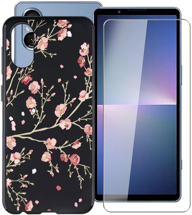 WIMSPEED Black Soft TPU Bumper Phone Case for Sony Xperia 5 V (6.1") with 1 X Tempered Glass Screen Protector, Slim Silicone Shockproof Cover for Sony Xperia 5 V - Camellia  WIMSPEED   