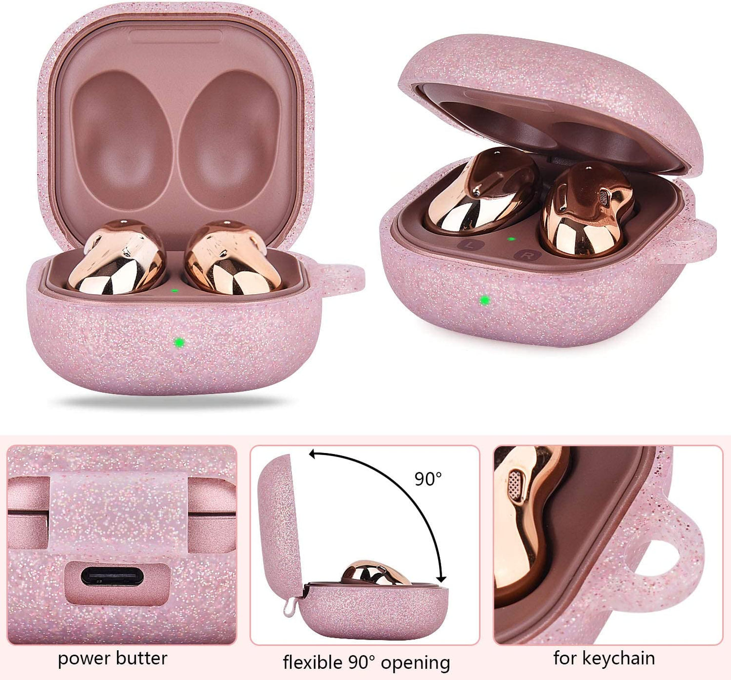 MOFREE Silicone Case Designed for Samsung Galaxy Buds 2/Buds Pro/Buds Live/Buds 2 Pro, Soft Carrying Protective Case Cover with Cute Bling Elephant Keychain for Women Girls (Glittery Rose Gold)  MOFREE   