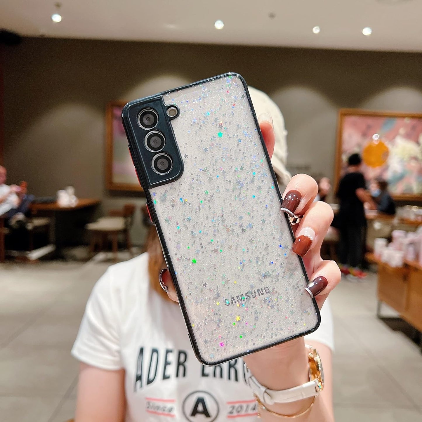 Compatible with Samsung Galaxy S21 Case for Women Girls,Soft Slim Fit Full-Around Protective Cute Clear Sparkly Bling Star Phone Case Glitter Cover for Samsung Galaxy S21 6.2 ''-White  JWKJUS Black  