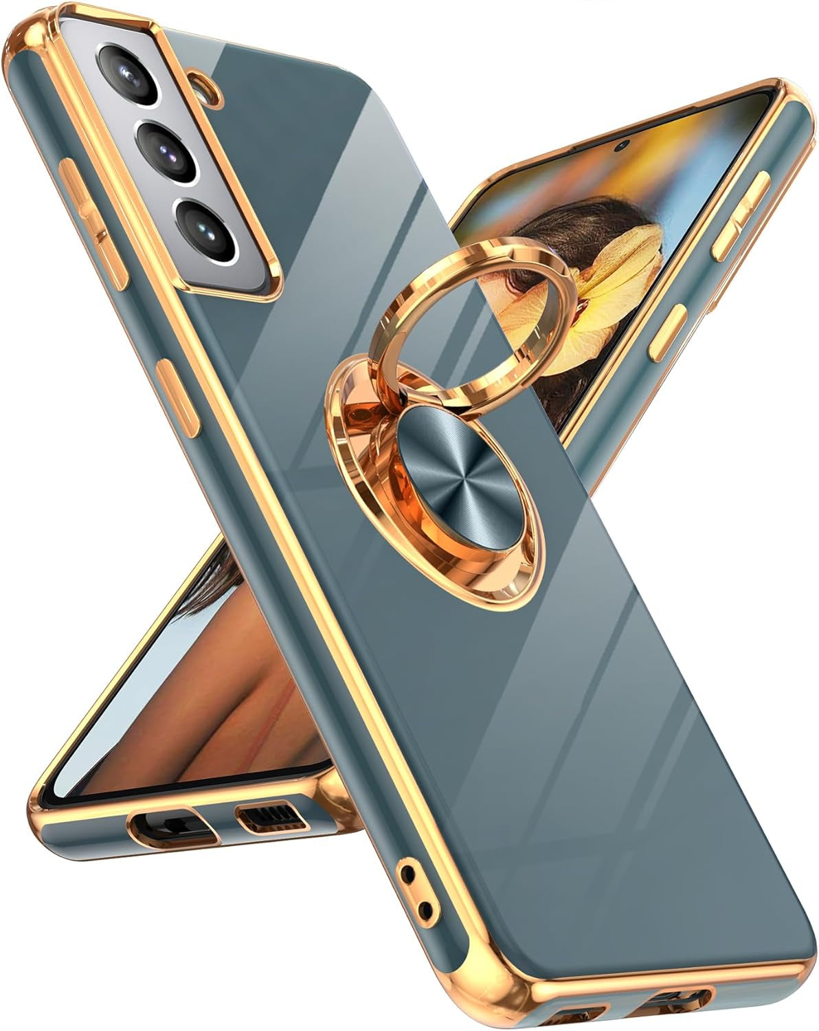 Leyi for Samsung Galaxy S21 plus Case 360° Rotatable Ring Holder Magnetic Kickstand, Plating Rose Gold Edge Protective Case, Grey  LeYi   