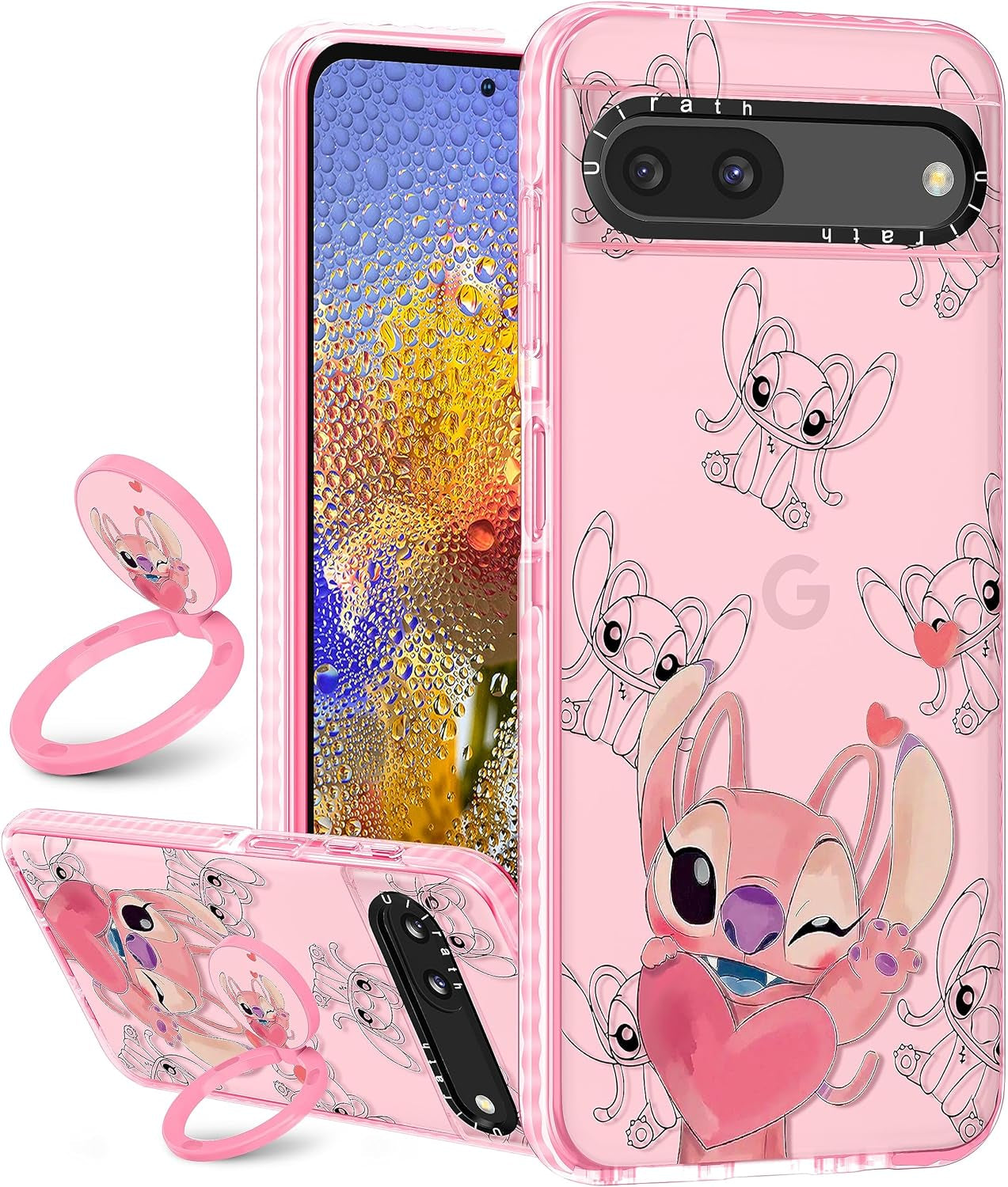 Ulirath (2In 1 for Pixel 6A Case Cute Cartoon Character Design for Girls Kids Boys Teens Women Girly Cover Kawaii Cool TPU Cases with Ring Holder for Google Pixel 6A 6.1",Blue Kiss  Ulirath Pink Heart Stih  