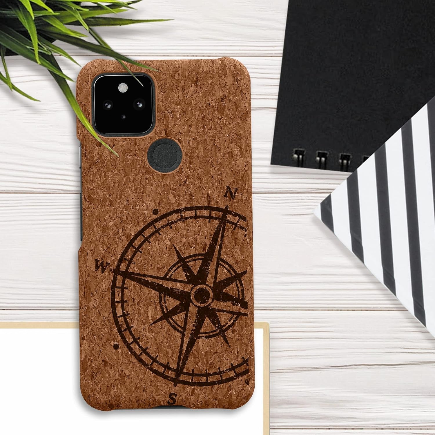 Kwmobile Case Compatible with Google Pixel 5 - Protective Cork Cover - Navigational Compass Dark Brown/Light Brown  kwmobile   