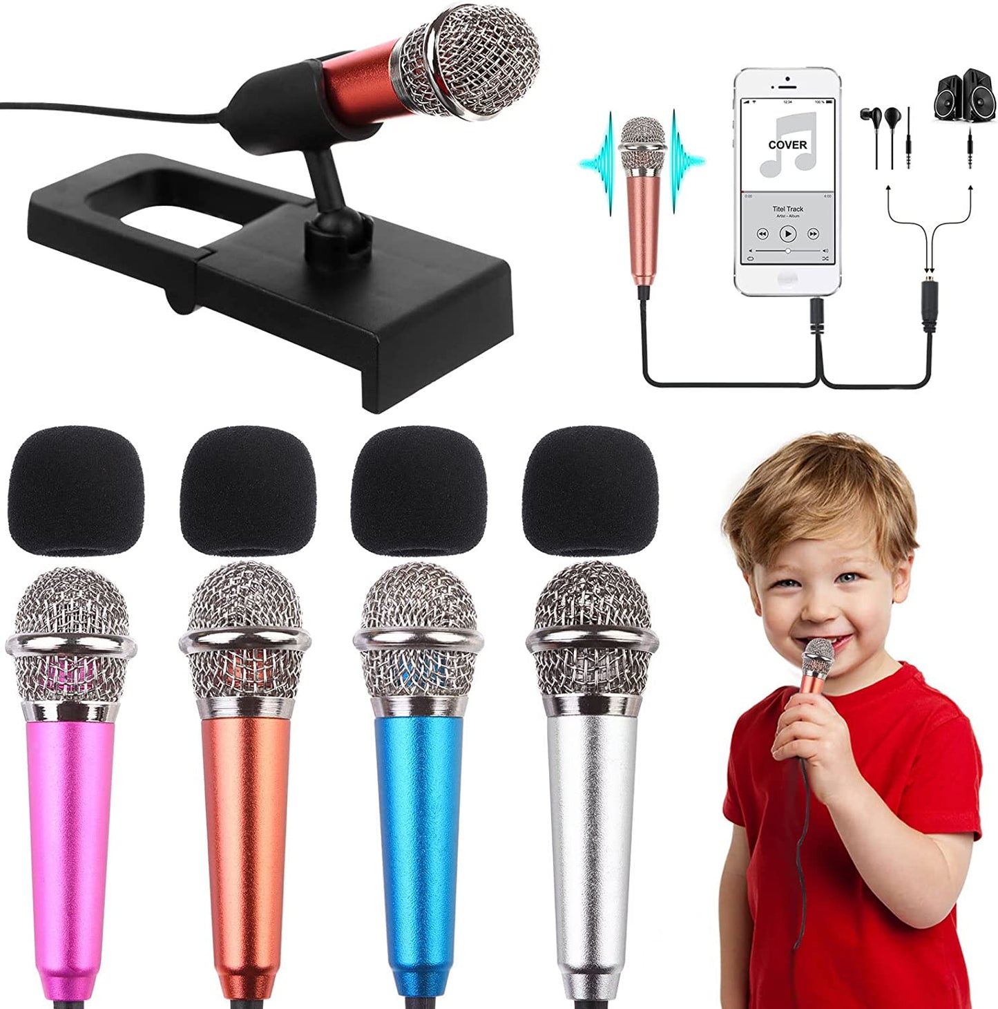 4-Piece Mini Microphone Tiny Microphone Mini Mic for Recording Voice and Singing on Iphone, Android Phones or Tablet, Metal, with 113 Cm Cord, 3.5 Mm Input (Rose Gold, Rose Red, Silver, Blue)  Hopeson   