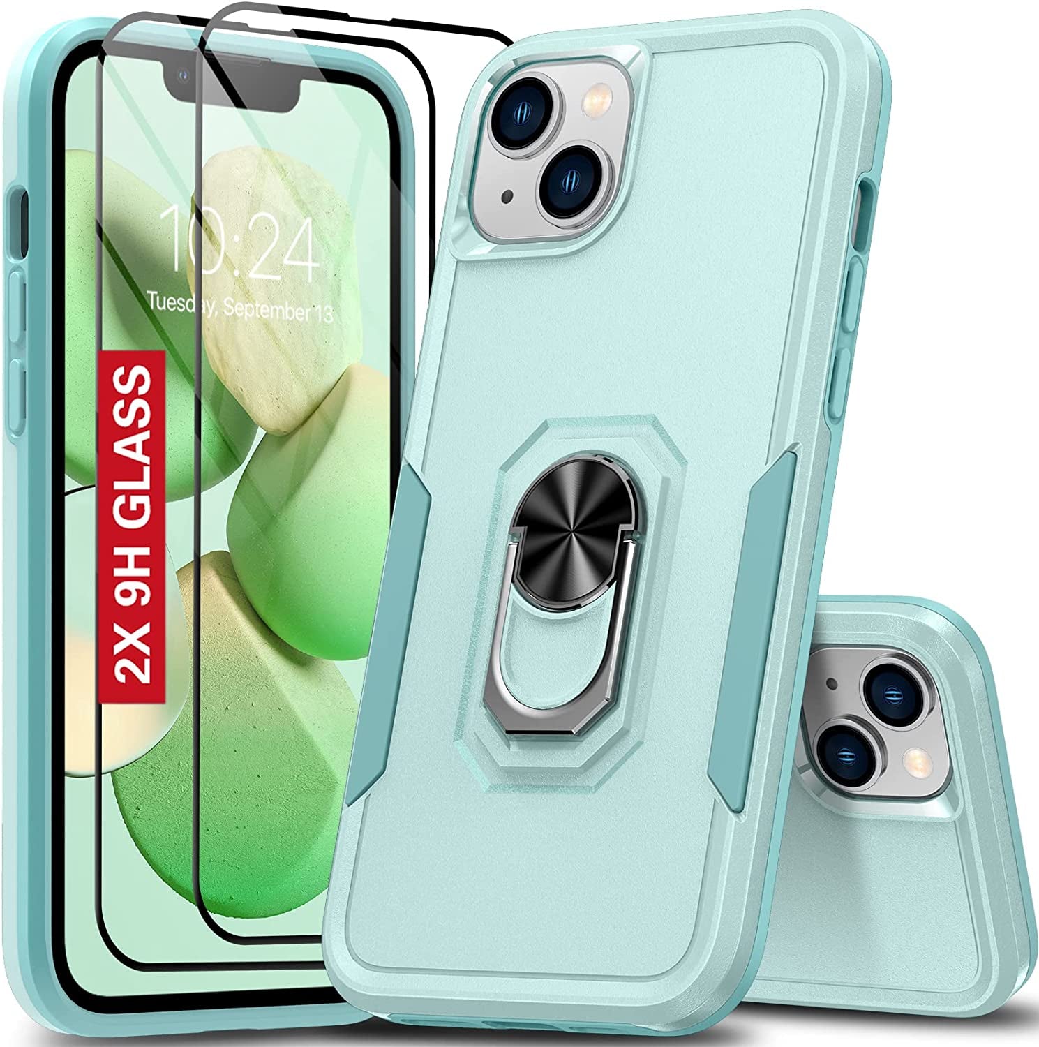 Oterkin for Iphone 14 plus Case, [4 in 1] Iphone 14 plus Phone Case with [2Pcs 9H HD Tempered Glass Screen Protectors][360°Rotatable Stand Ring][10Ft Military Grade] Case for Iphone 14 plus (Pink)  Oterkin Blue Iphone 14 Plus 