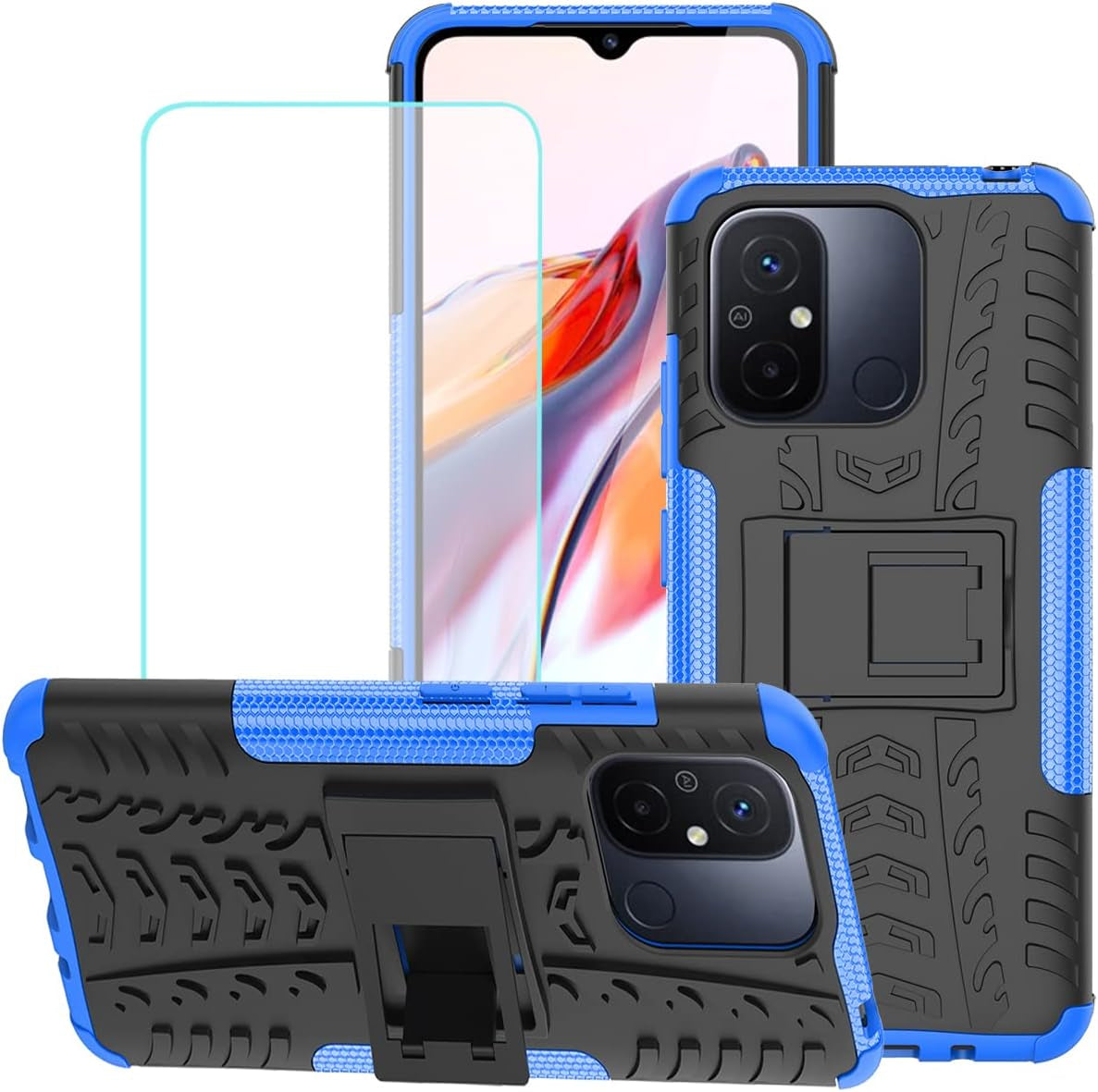 Yerebel for Redmi 12C Case, Poco C55 22120RN86G Case with Tempered Glass Screen Protector, with Kickstand Hard PC Back Cover Soft TPU Dual Layer Protection Phone Cover for Xiaomi Redmi 12C (Black)  Yerebel Blue  