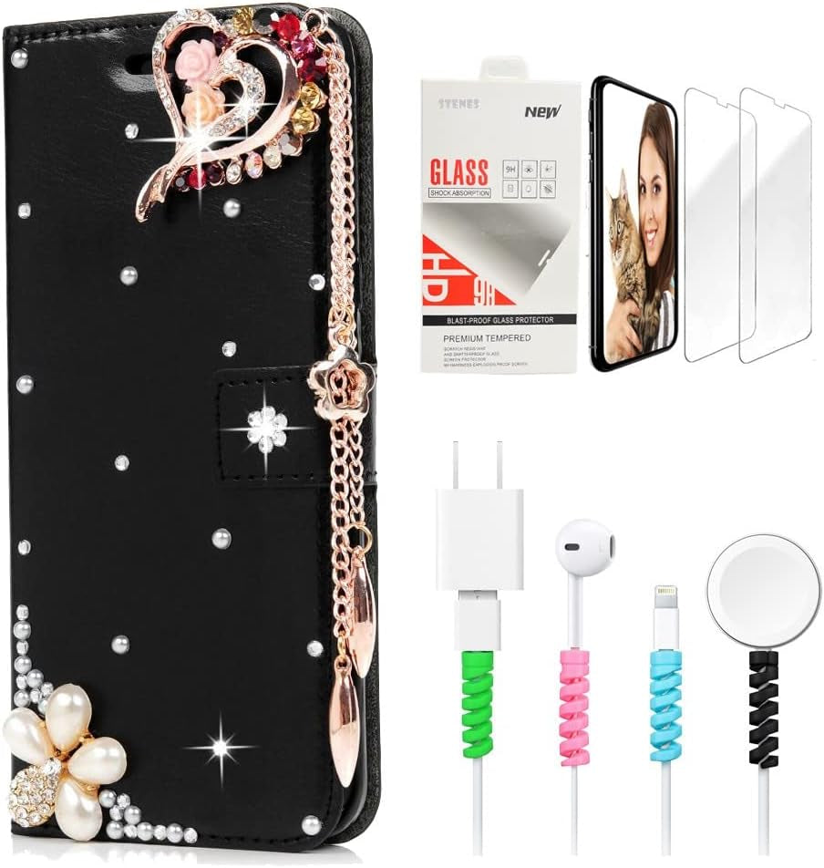 STENES Bling Wallet Phone Case Compatible with LG G7 Thinq - Stylish - 3D Handmade Crown Heart Design Leather Cover with Screen Protector & Cable Protector - Black  STENES   