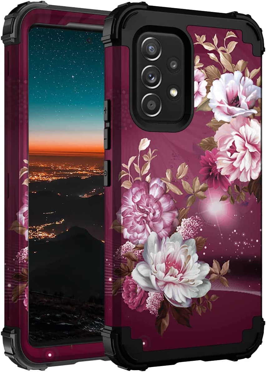 Hocase for Galaxy A53 5G Case, Heavy Duty Shockproof Protection Soft Silicone Rubber Bumper+Hard Plastic Hybrid Protective Case for Samsung Galaxy A53 5G (6.5" Display) 2022 - Blue Purple Marble  Hocase Burgundy Flowers  
