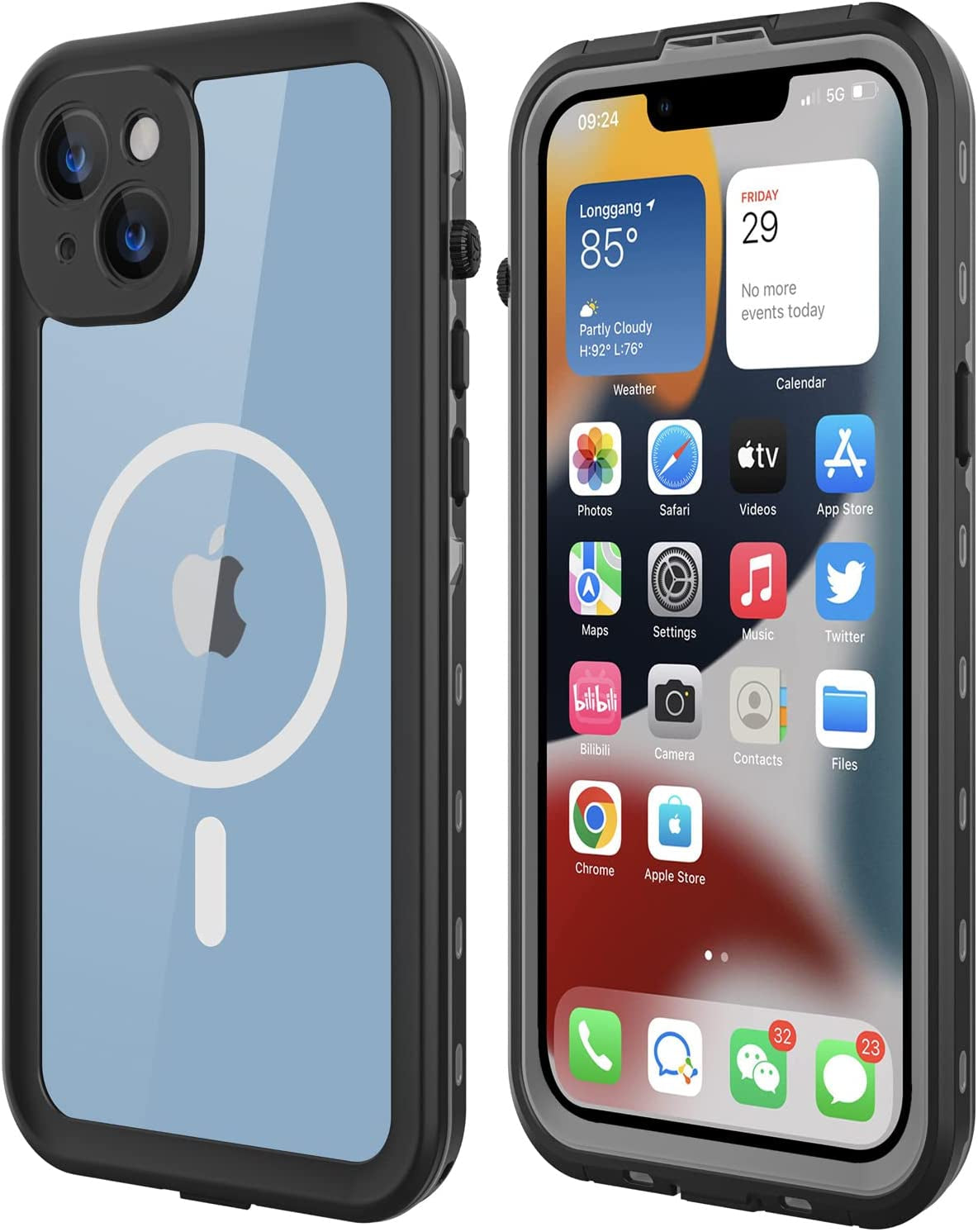 Dewfoam Waterproof Iphone 14 plus Case - Shockproof, Dustproof, Built-In Screen Protector, Magnetic Ring, 6.7" (Black)  Dewfoam Black Iphone 14 