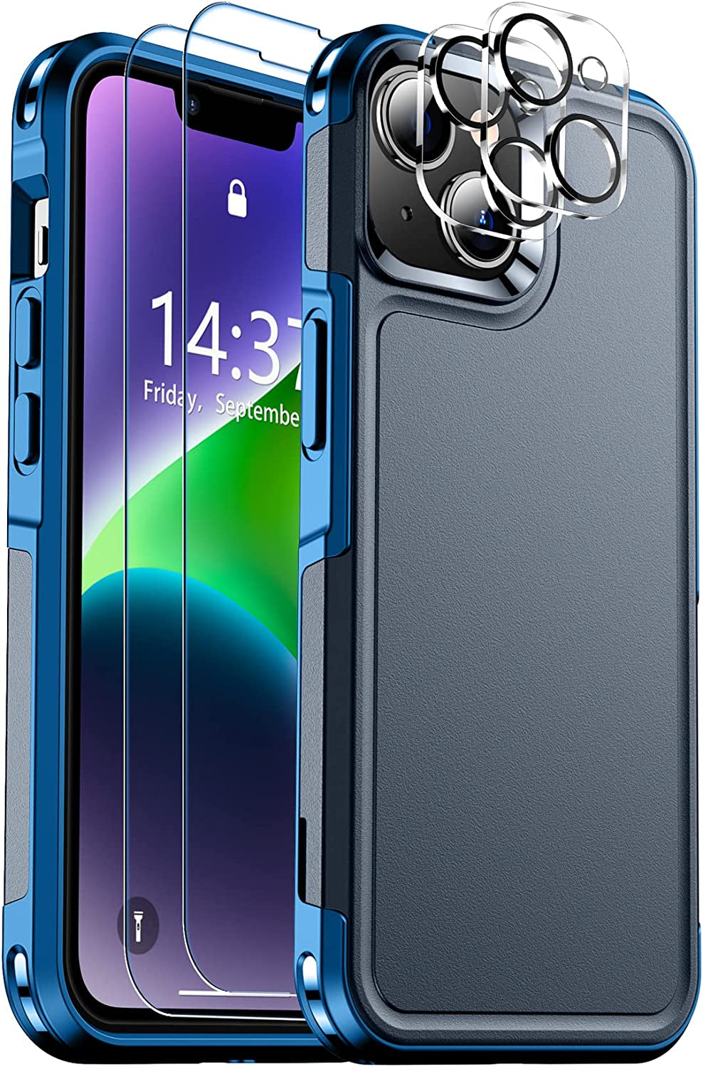 SPIDERCASE for Iphone 14 Case, [10 FT Military Grade Drop Protection] [Crystal Clear] [2+Tempered Glass Screen Protector] [2+Tempered Camera Lens Protector] [Not Yellowing] Slim Case, Crystal Clear  SPIDERCASE Dark Blue  