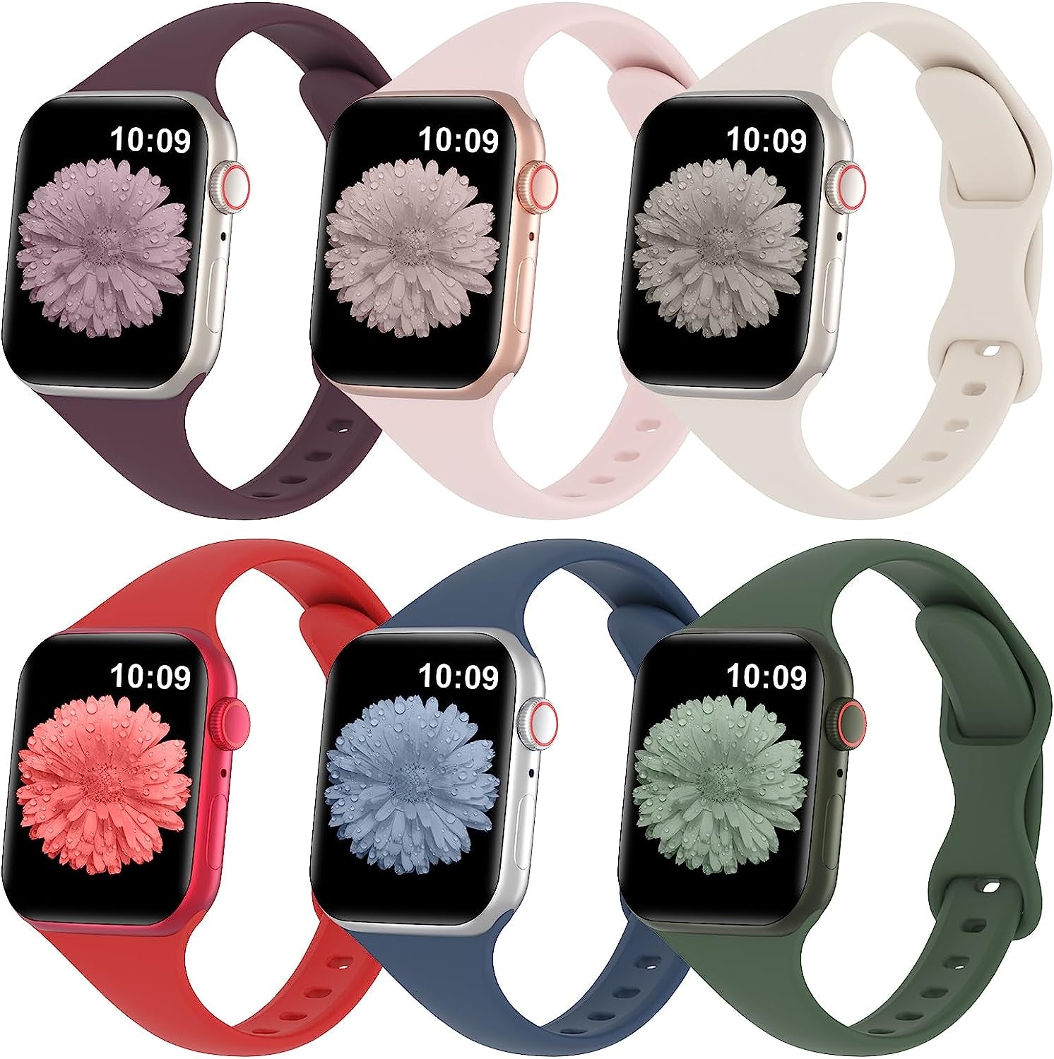 Slimband 6 Pack Slim Silicone Bands Compatible for Apple Watch Band 38Mm 40Mm 41Mm 42Mm 44Mm 45Mm 49Mm, Narrow Replacement Strap Thin Wristband for Iwatch Ultra Series 8/SE/7/6/5/4/3/2/1 Women Men  Slimband Dark Cherry/Sand Pink/Starlight/Red/Abyss Blue/Clover 42mm/44mm/45mm/49mm 