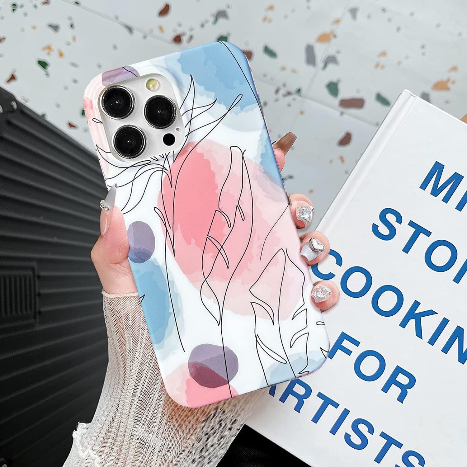 J.West Iphone 14 Pro Case 6.1, Aesthetic Watercolor Minimalist Boho Modern Abstract Prints Slim Geo Line Plant Palm Leaf Pattern Blue Pink Soft TPU Shockproof Cover Protective Phone Case for Women  J.west   