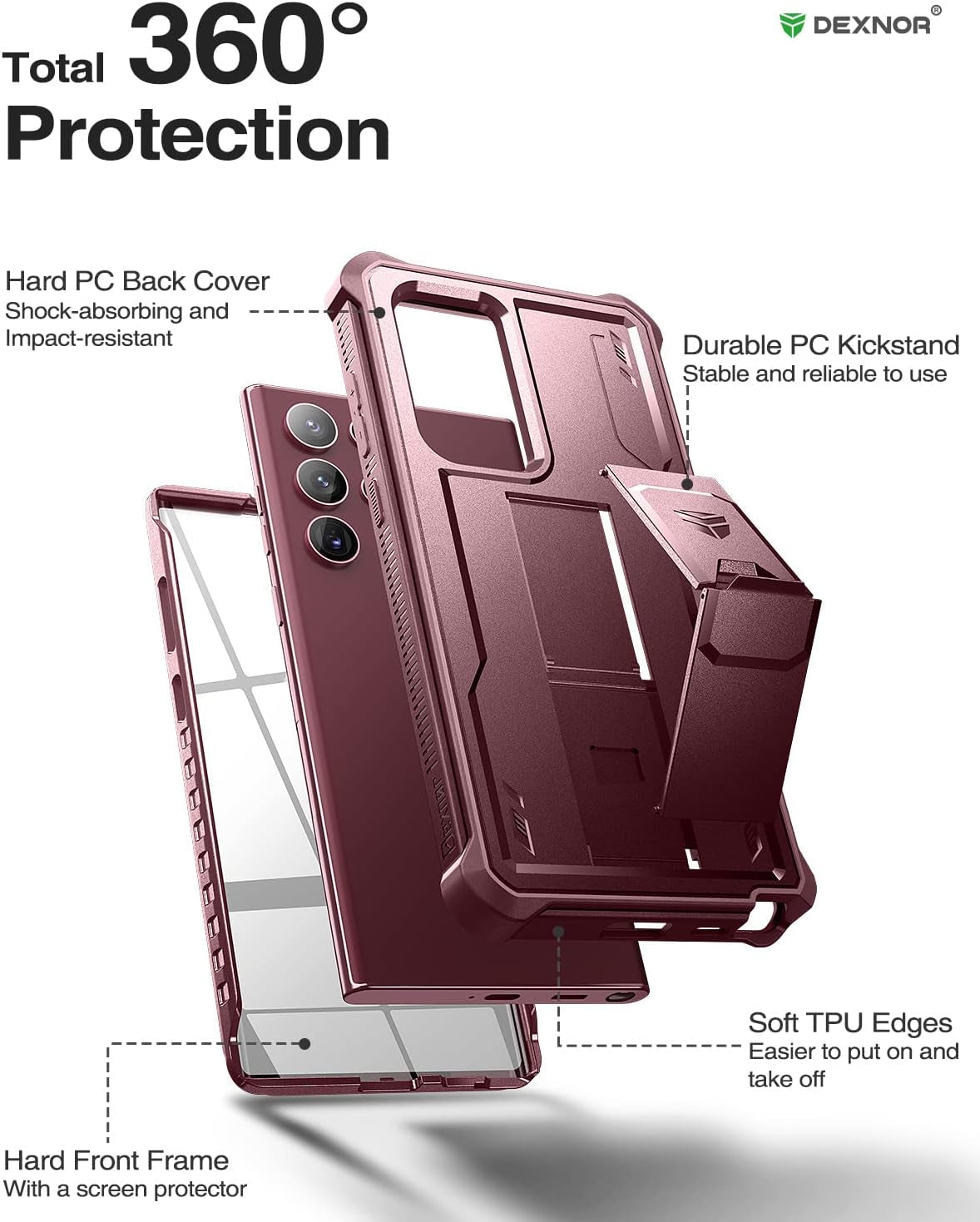 Dexnor for Samsung Galaxy S22 Ultra Case, [Built in Screen Protector and Kickstand] Heavy Duty Military Grade Protection Shockproof Protective Cover for Samsung Galaxy S22 Ultra 5G,Maroon Red  Dexnor   