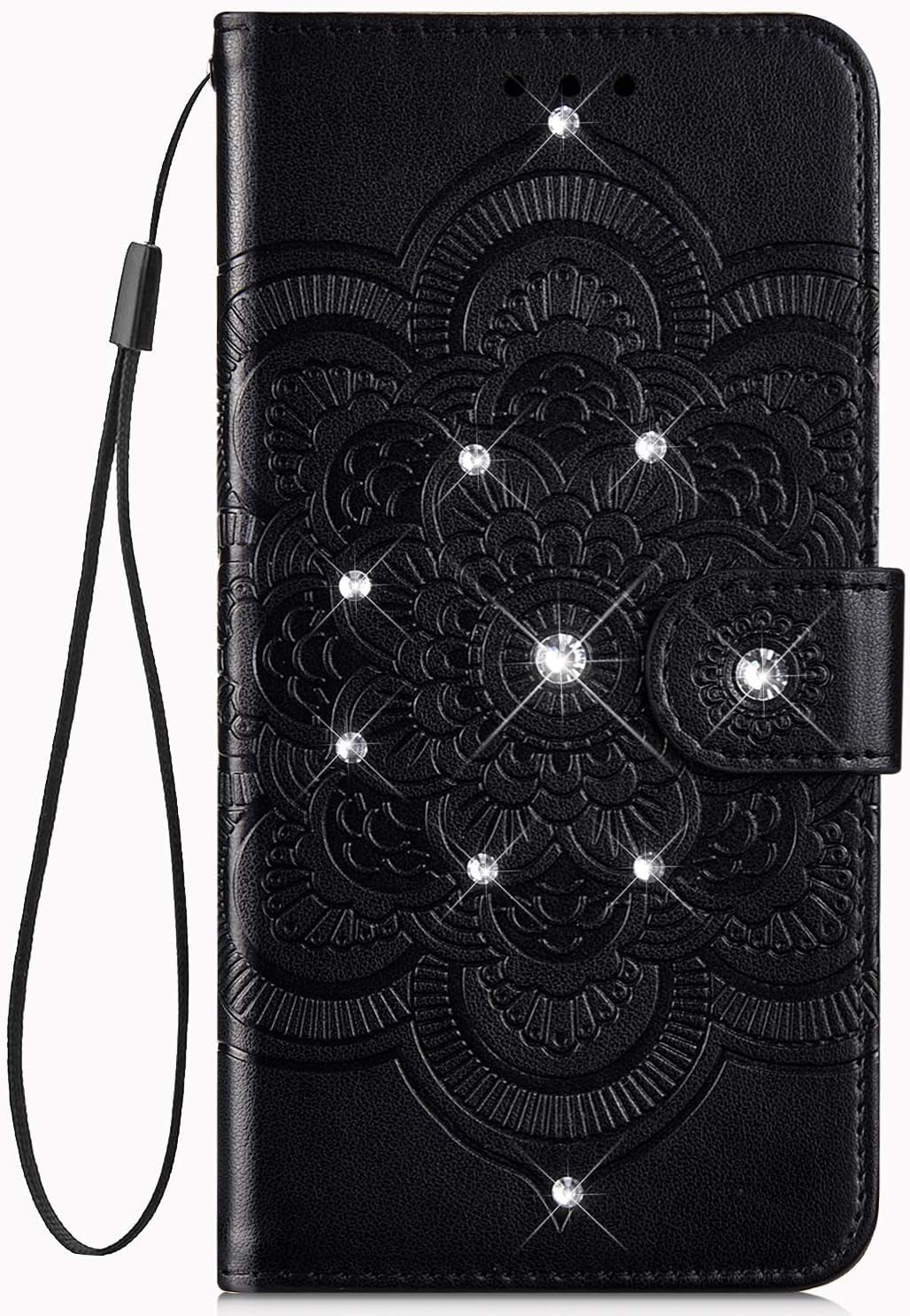 IKASEFU Compatible with LG G8 Thinq Case Shiny Sun Mandala Floral Rhinestone Pu Leather Diamond Bling Wallet Strap Case with Card Holder Shockproof Magnetic Flip Bumper Cover,Purple  IKASEFU Black  
