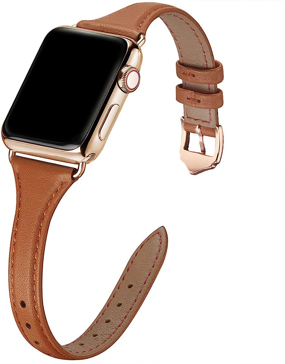 WFEAGL Leather Bands Compatible with Apple Watch Band 38Mm 40Mm 41Mm 42Mm 44Mm 45Mm 49Mm Women, Top Grain Leather Strap Slim & Thin Replacement Wristband for Iwatch Ultra SE & Series 8 7 6 5 4 3 2 1  WFEAGL Brown/Gold 42mm 44mm 45mm 49mm 