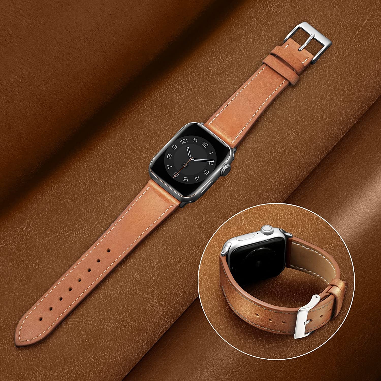 MARGE plus Compatible with Apple Watch Band Series SE 8 7 6 5 4 3 2 1 Ultra 49Mm 45Mm 41Mm 44Mm 40Mm 42Mm 38Mm, Genuine Leather Replacement Band for Iwatch, Leather Apple Watch Strap for Women & Men Brown  MARGE PLUS   