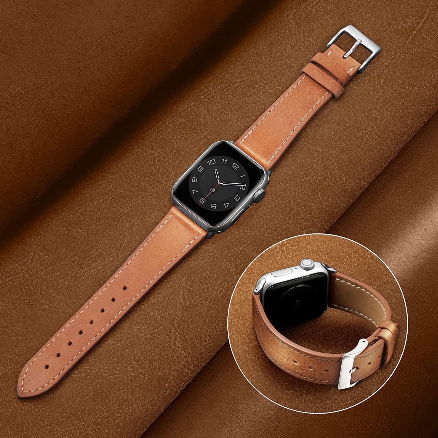 MARGE plus Compatible with Apple Watch Band Series SE 8 7 6 5 4 3 2 1 Ultra 49Mm 45Mm 41Mm 44Mm 40Mm 42Mm 38Mm, Genuine Leather Replacement Band for Iwatch, Leather Apple Watch Strap for Women & Men Brown  MARGE PLUS   