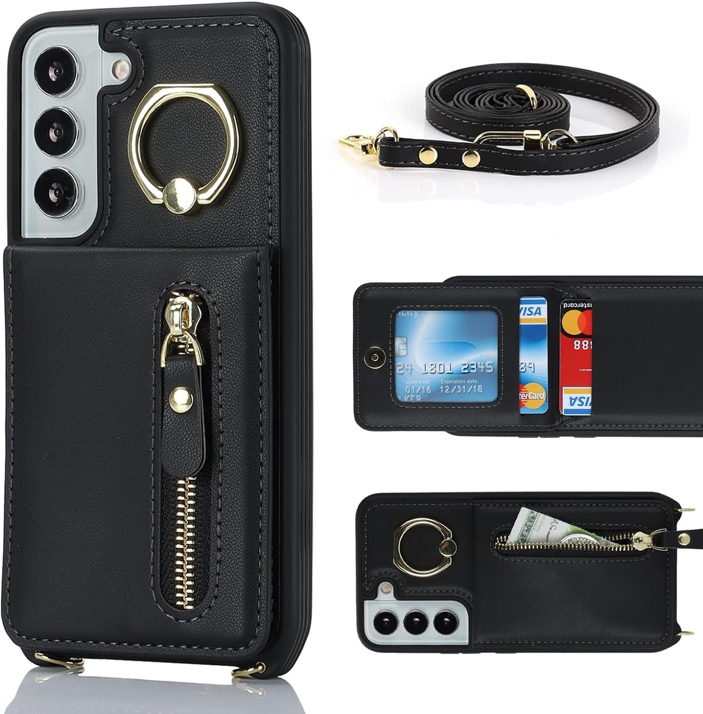 Jaorty Samsung Galaxy S22 5G Phone Case for Women with Card Holder,Samsung S22 Case Wallet Crossbody Lanyard with Strap,Credit Card Slots Kickstand Case with Ring Holder,6.1 Inch,Black  Jaorty   