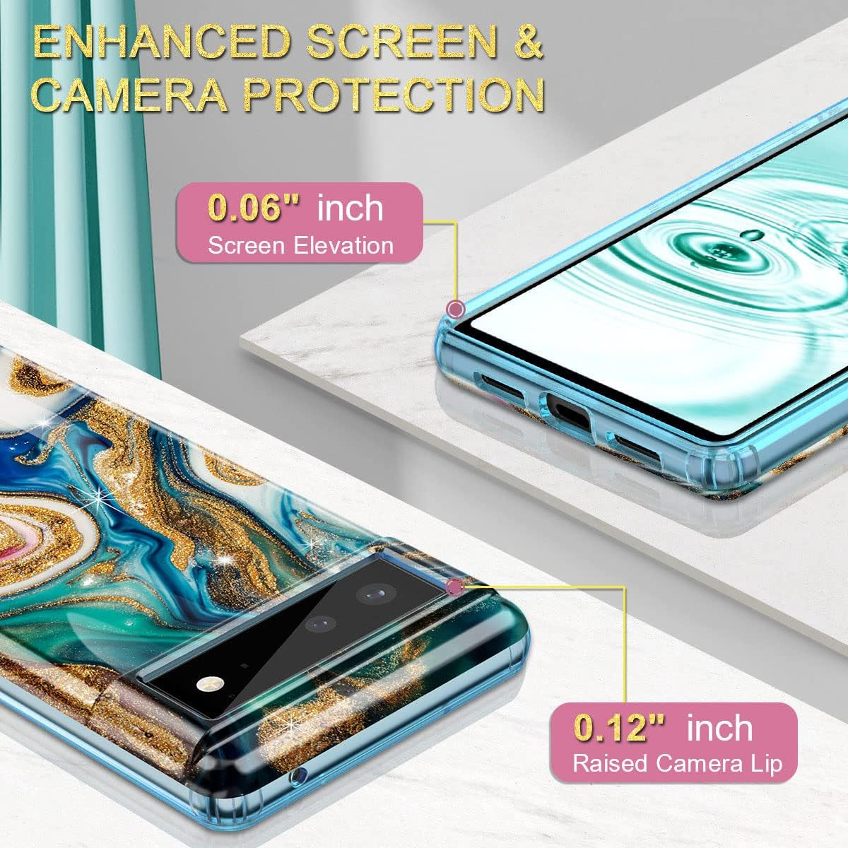 Btscase Gold Glitter Marble - Slim Shockproof Protective Cover for Google Pixel 6 (2021) - Blue/Drift Sand  Btscase   