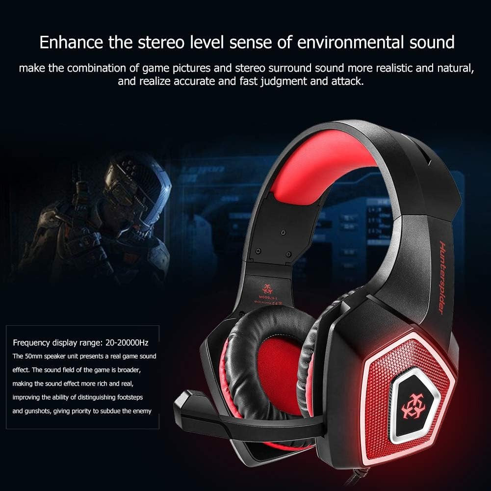Gaming Headset RGB Illuminated Computer Headphones Wired Earphones Subwoofer Headset E-Sports Accessories Sound Enhancement Equipment with Microphone for PC, Smart Phones, Tablets (Red)  Crazy-Store   