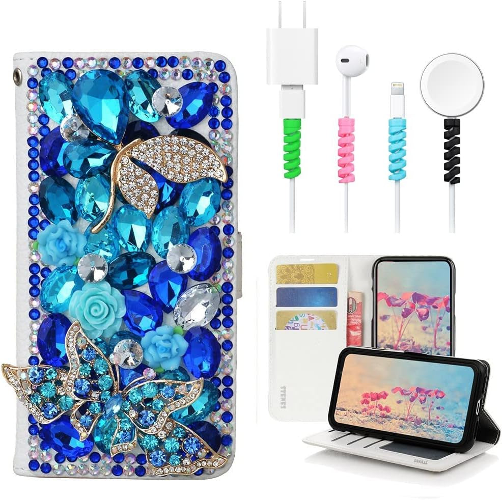 STENES Bling Wallet Case Compatible with LG V40 Thinq - Stylish - 3D Handmade Gemstone Octopus Crown Leather Cover with Cable Protector [4 Pack] - Light Blue  STENES Pretty Butterfly Flowers / Blue Design For Samsung Galaxy S23 Case 