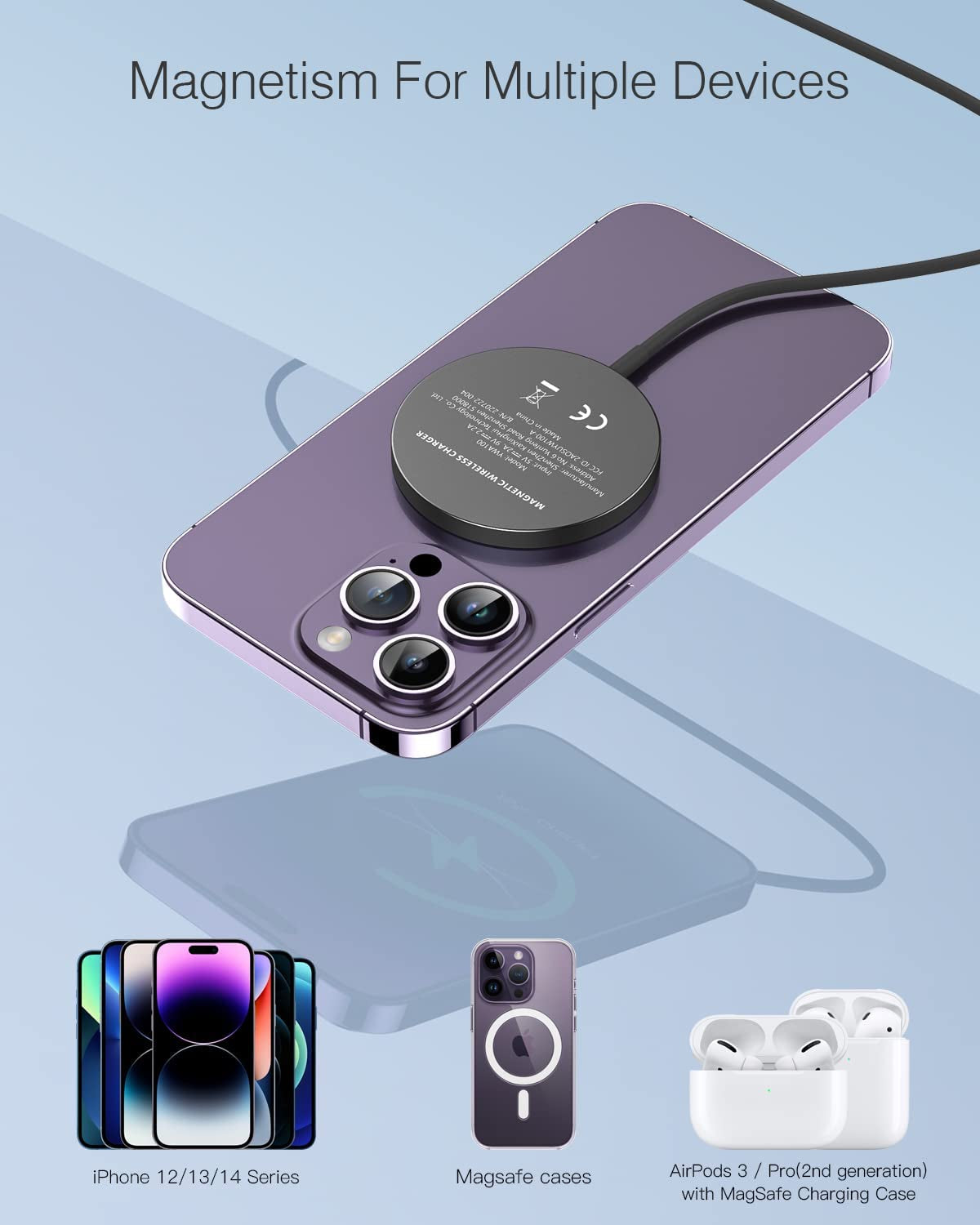 2 Pack Magnetic Wireless Charger Compatible with Magsafe Charger for Iphone 14 Pro Max/14 Plus/Iphone 13 Pro Max/13 Mini/Iphone 12, Magnetic Wireless Charging Pad for Airpods 3/2/Pro,Mag Safe Charger  YW100A   