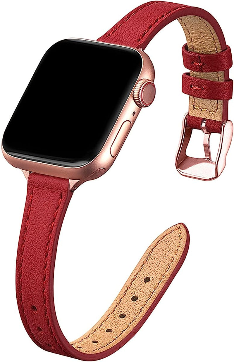 STIROLL Slim Leather Bands Compatible with Apple Watch Band 38Mm 40Mm 41Mm 42Mm 44Mm 45Mm 49Mm, Top Grain Leather Watch Thin Wristband for Iwatch Ultra SE Series 8/7/6/5/4/3/2/1  STIROLL Red with Rose Gold 42mm/44mm/45mm/49mm 