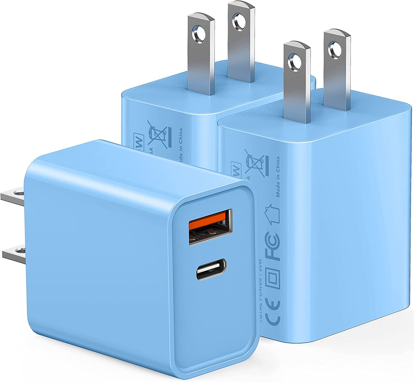 [3 Pack] USB-C Wall Charger, 20W Durable Dual Port QC+PD 3.0 Power Adapter, Double Fast Plug Charging Block for Iphone 14/14 Pro/14 Pro Max/14 Plus/13/12/11, XS/XR/X, Watch Series 8/7 Cube(White)  CSODINCE Blue  