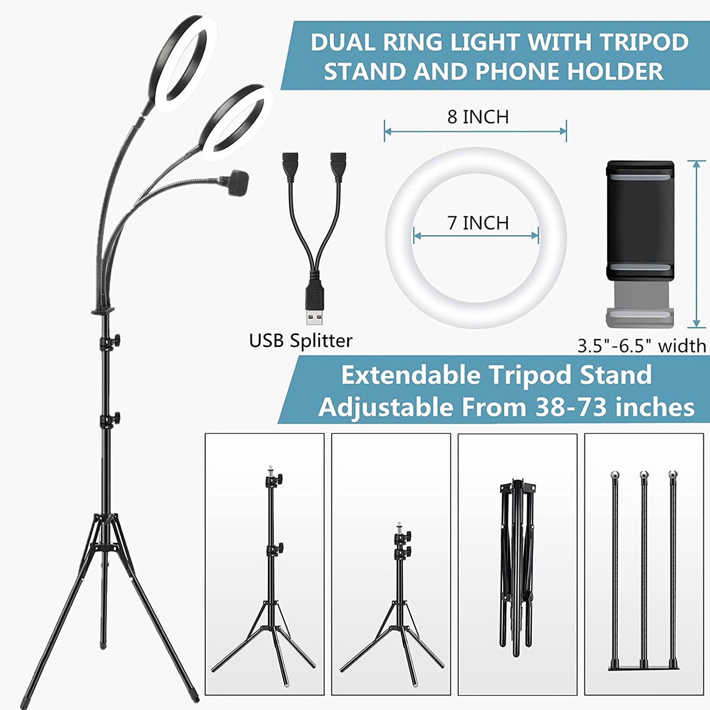 Dual Selfie Ring Light with Tripod Stand and Phone Holder, 73'' Ringlight with Tripod for Iphone/Android, Phone Ring Light for Video Recording, Live Streaming, Photography, Youtube  Yarrashop   