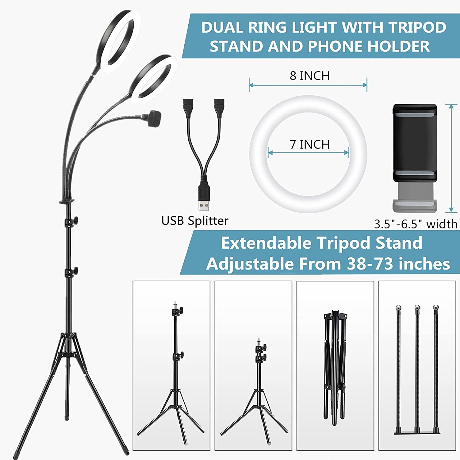 Dual Selfie Ring Light with Tripod Stand and Phone Holder, 73'' Ringlight with Tripod for Iphone/Android, Phone Ring Light for Video Recording, Live Streaming, Photography, Youtube  Yarrashop   