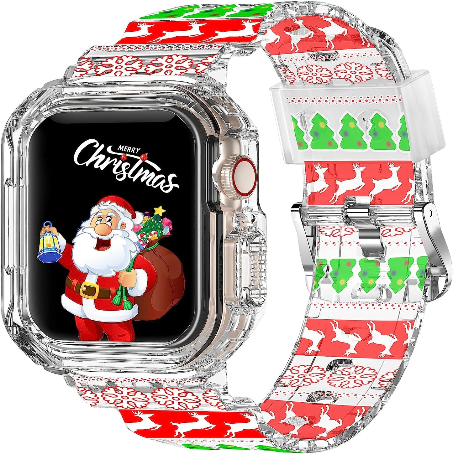 XYF Compatible for Crystal Clear Apple Watch Bands, 45Mm 44Mm 42Mm 41Mm 40Mm 38Mm 49Mm with Bumper Case for Men Women Jelly Sport Case and Band for Iwatch Ultra Series 8 7 SE/6 5 4 3 2 1  XYF Glow Snowflake Elk 42/44/45mm 