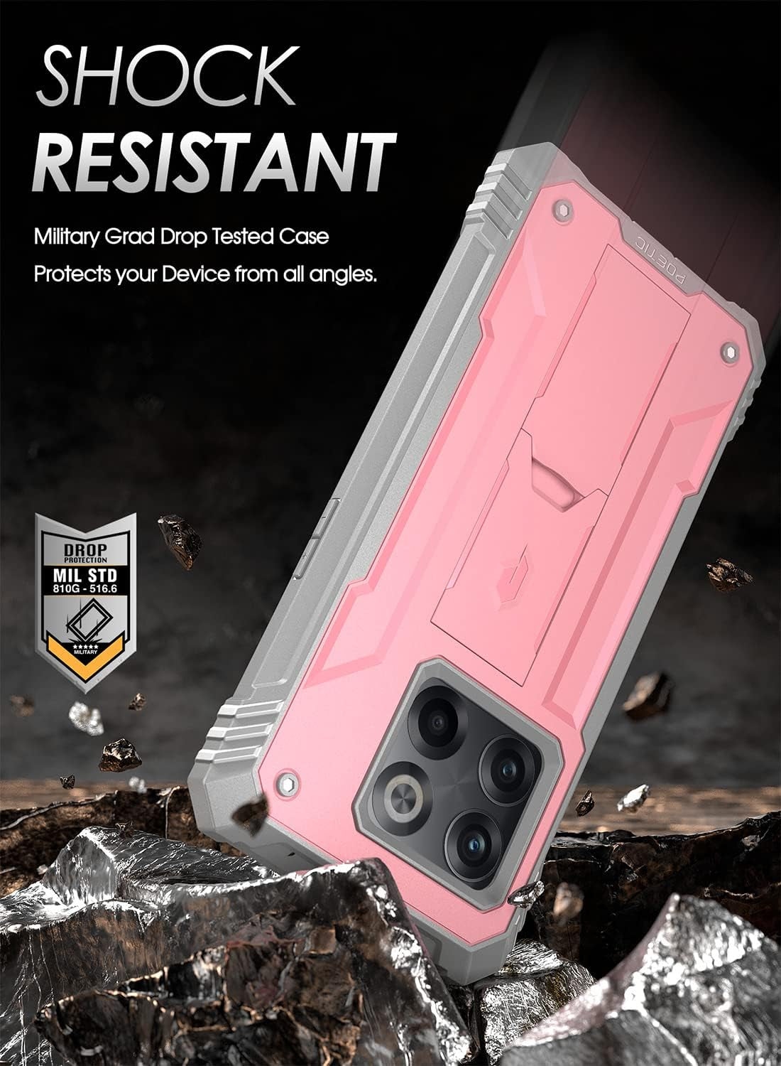 Poetic Revolution Series Designed for Oneplus 10T Case, Full-Body Rugged Dual-Layer Shockproof Protective Cover with Kickstand and Built-In-Screen Protector, Light Pink  Poetic   