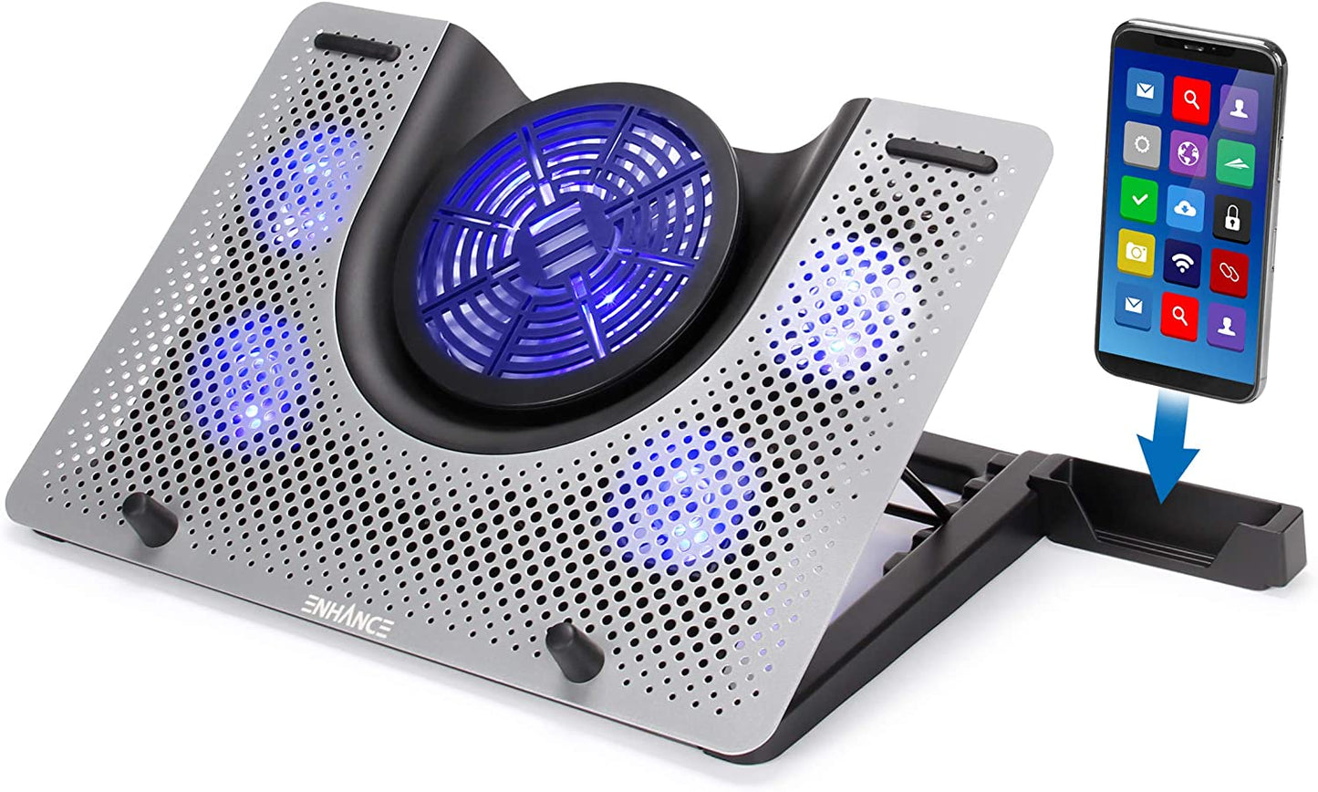 ENHANCE Cryogen 3 Gaming Laptop Cooling Pad - USB Powered 5 LED Fans , Metal Cooler Surface Fits 17.3 Inch Laptops , Smartphone Device Holder , 5 Adjustable Stand Settings , Portable for PC Gamer  ENHANCE   
