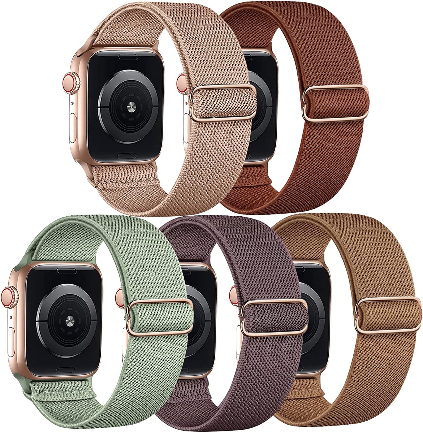 Cangroo 5 Pack Stretchy Nylon Bands Compatible with Apple Watch Band 38Mm 40Mm 41Mm 42Mm 44Mm 45Mm 49Mm for Women Men, Elastic Solo Loop Braided Wristbands for Iwatch SE Ultra Series 8 7 6 5 4 3 2 1  Cangroo Tan-Pink/Rust/Sage Green/Smoke Violet/Camel 42mm/44mm/45mm/49mm 