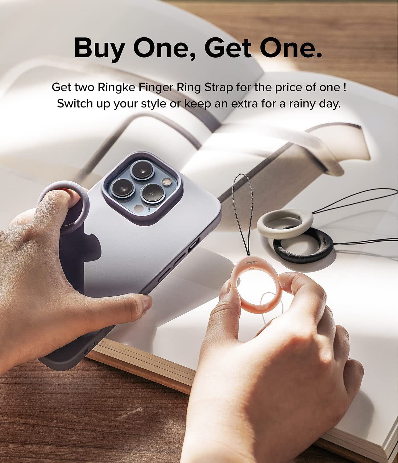 Ringke Finger Ring Strap Silicone Smartphone Grip Lanyard Holder [2 Pack] with Anti-Slip Mount Function Compatible with Phone Cases, Keys, Cameras, and More - Black & Lavender Gray  Rearth   