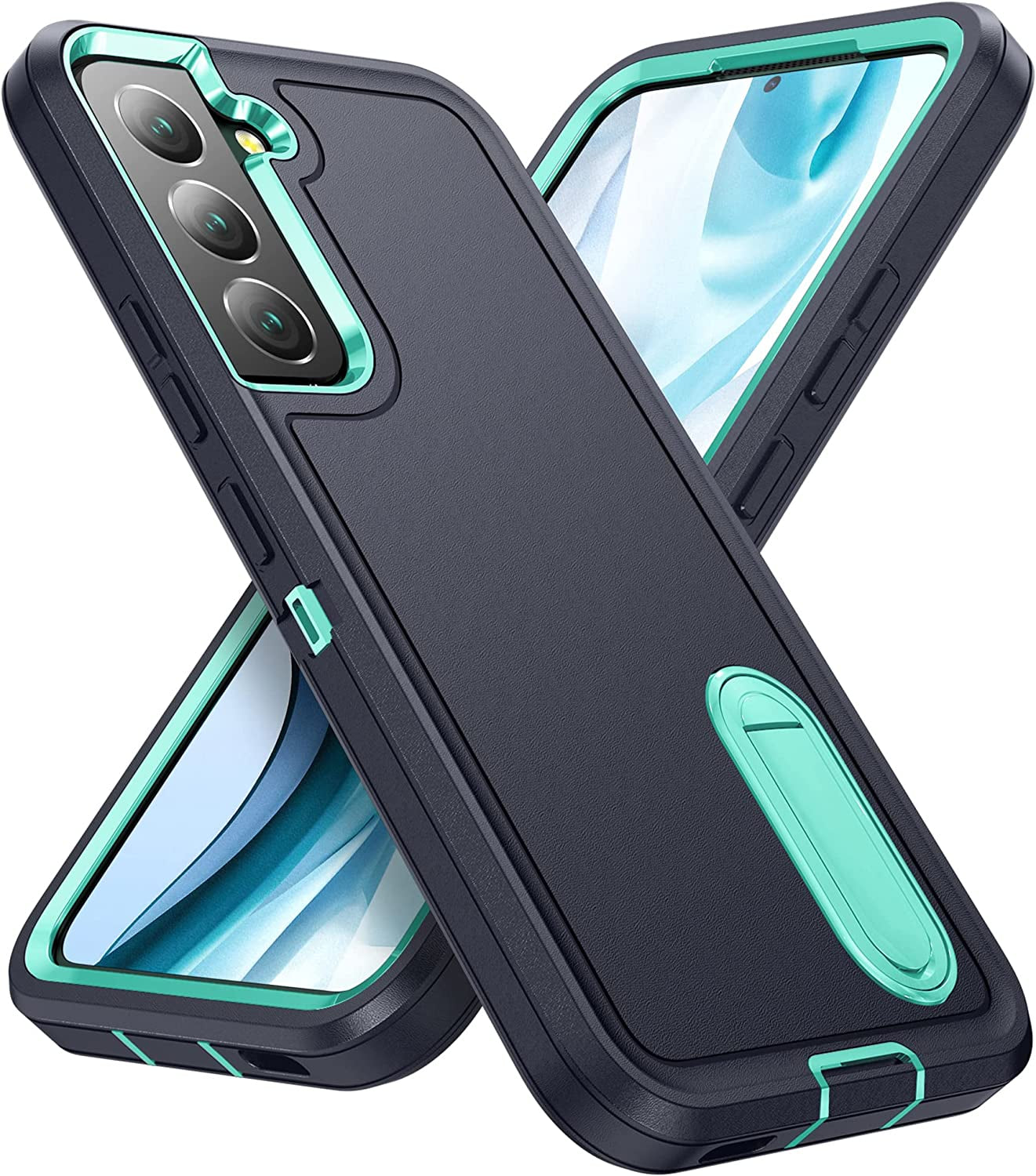 Bahahoues for Samsung Galaxy S22 Case, Samsung S22 Phone Case with Built in Kickstand, Shockproof/Dustproof/Drop Proof Military Grade Protective Cover for Galaxy S22 5G 6.1 Inch (Black)  BaHaHoues Dark Blue/Aqua Blue  