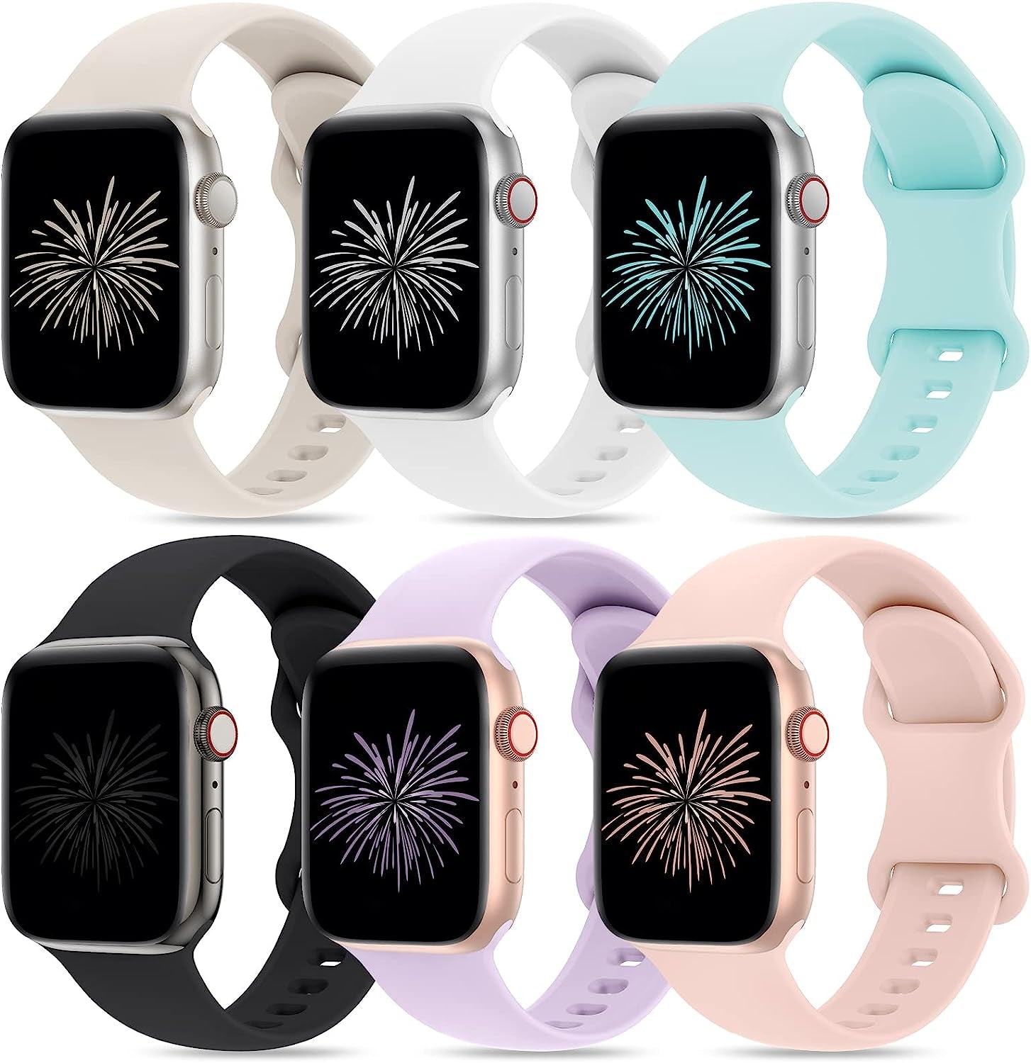 Qrose 6 Pack Bands Compatible with Apple Watch 38Mm 40Mm 41Mm 42Mm 44Mm 45Mm 49Mm, Soft Silicone Replacement Sport Strap Wristbands for Iwatch Series Ultra 8/7/6/5/4/3/2/1 SE Women Men  QRose Starlight/White/Light Green/Black/Lavender/Pink Sand 42/44/45/49mm 