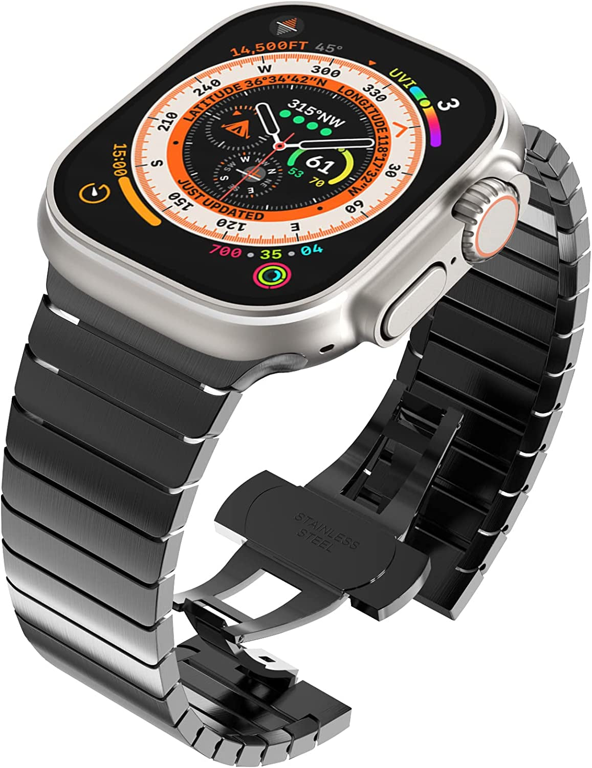 WINGLE Compatible for Apple Watch Ultra Band 49Mm 44Mm 45Mm 42Mm Series 8 7 Men, Stainless Steel Band Metal Strap Wristband for Apple Watch Iwatch Ultra SE 6 5 4 3 2 1 Link Women, Titanium  WINGLE Black Ultra 49mm/45mm/44mm/42mm 