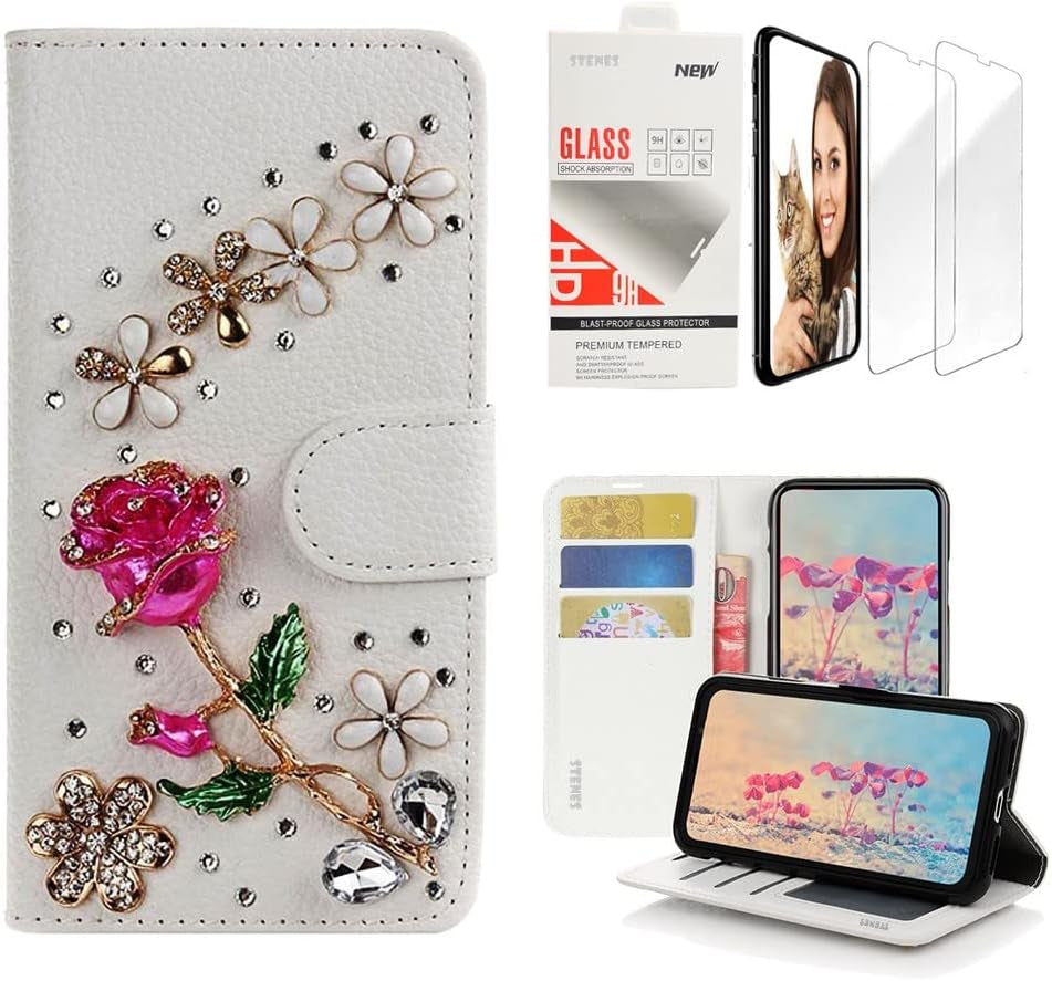 STENES Bling Wallet Case Compatible with LG G7 Thinq - Stylish - 3D Handmade Flowers Design Leather Case with Wrist Strap & Screen Protector [2 Pack] - Pink  STENES Rose Flowers Floral / Red Design For Iphone 12 Pro Case 