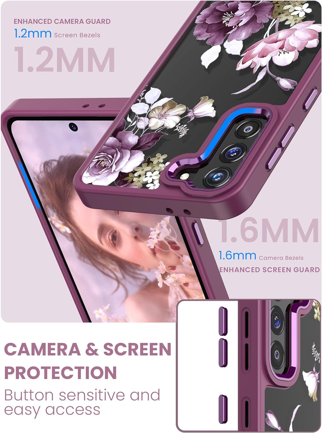 Dretal for Samsung Galaxy S21 plus 5G Case Floral, Galaxy S21+ Case, Military Grade Drop Tested Hard Back & Soft Edge Slim Flower Women Girls Protective Cover +Tempered Glass Screen Protector (Purple)  Dretal   