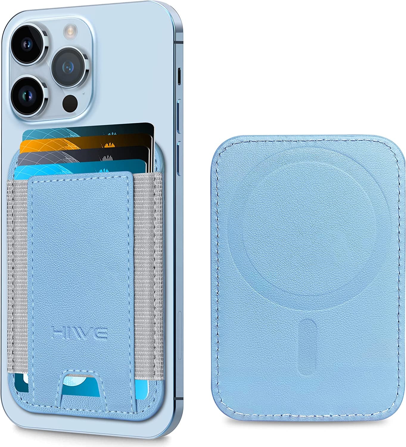 Magnetic Card Wallet Holder for Apple Magsafe, Magnetic Card Holder Magsafe for Iphone 12 Iphone 13/14 Magsafe Wallet, Mag-Safe Leather Wallet for Back of Iphone 14/13/ 12 Series, Fit 6 Cards, Black  HiWe G-Sky Blue  