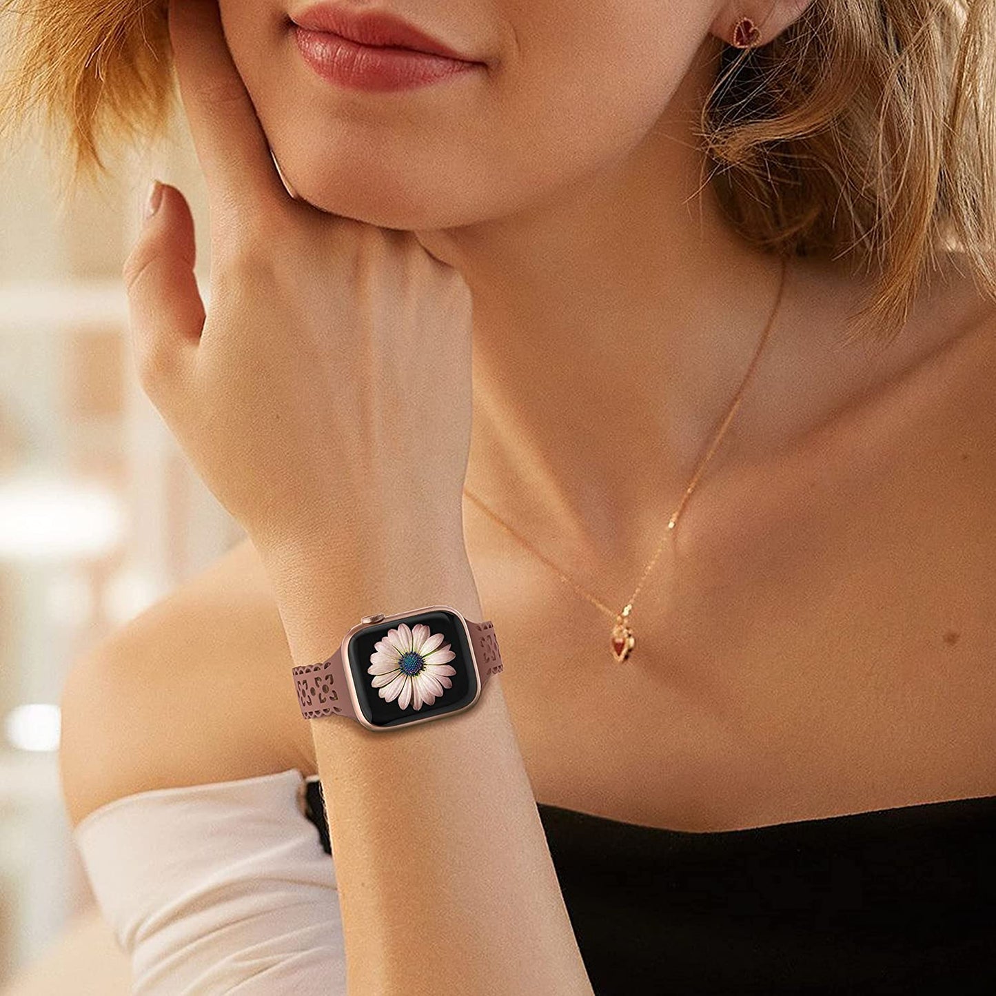 4 Pack Lace Silicone Band Compatible with Apple Watch Bands 40Mm 44Mm 41Mm 45Mm 38Mm 42Mm Women,Thin Slim Hollow-Out Sport Strap Replacement Wristbands for Iwatch Series Ultra 8 7 6 5 4 3 2 1 SE  HEARTBOOM   