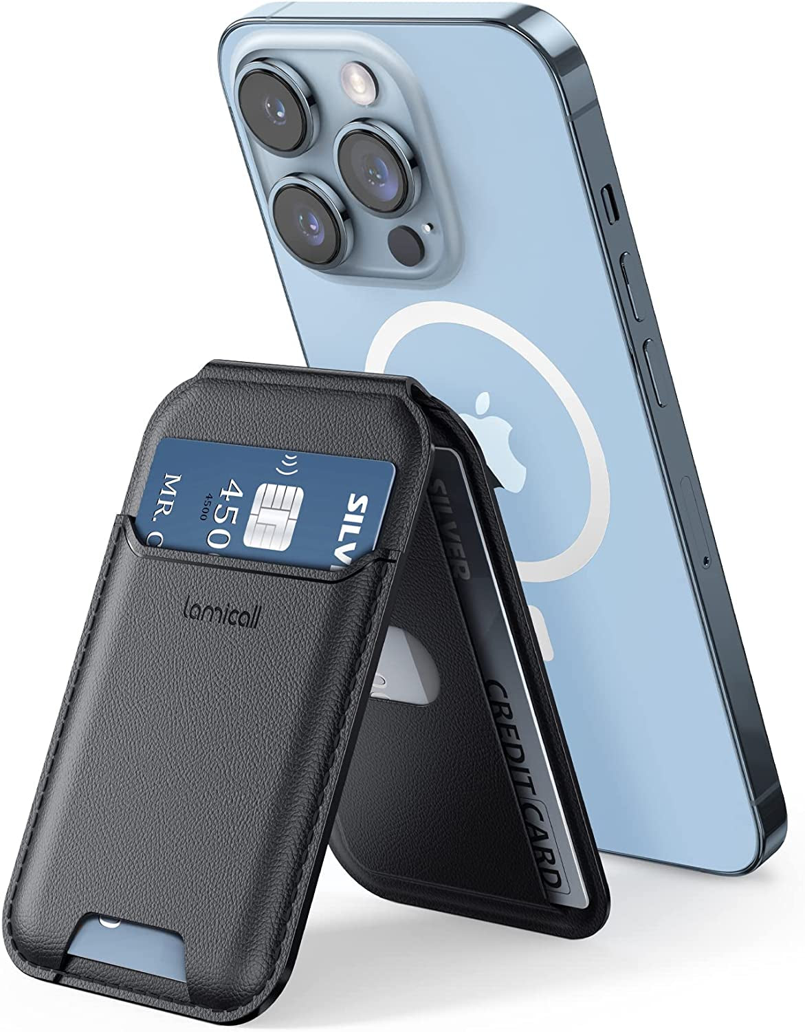 Lamicall for Magsafe Wallet, Phone Card Stand - Vegan Leather Adjustable Stand, 3 Card Holder, Strong Magnetic Wallet for Apple Iphone 14 13 12 Series and Magsafe Case, Not Compatible for Mini, Black  Lamicall   