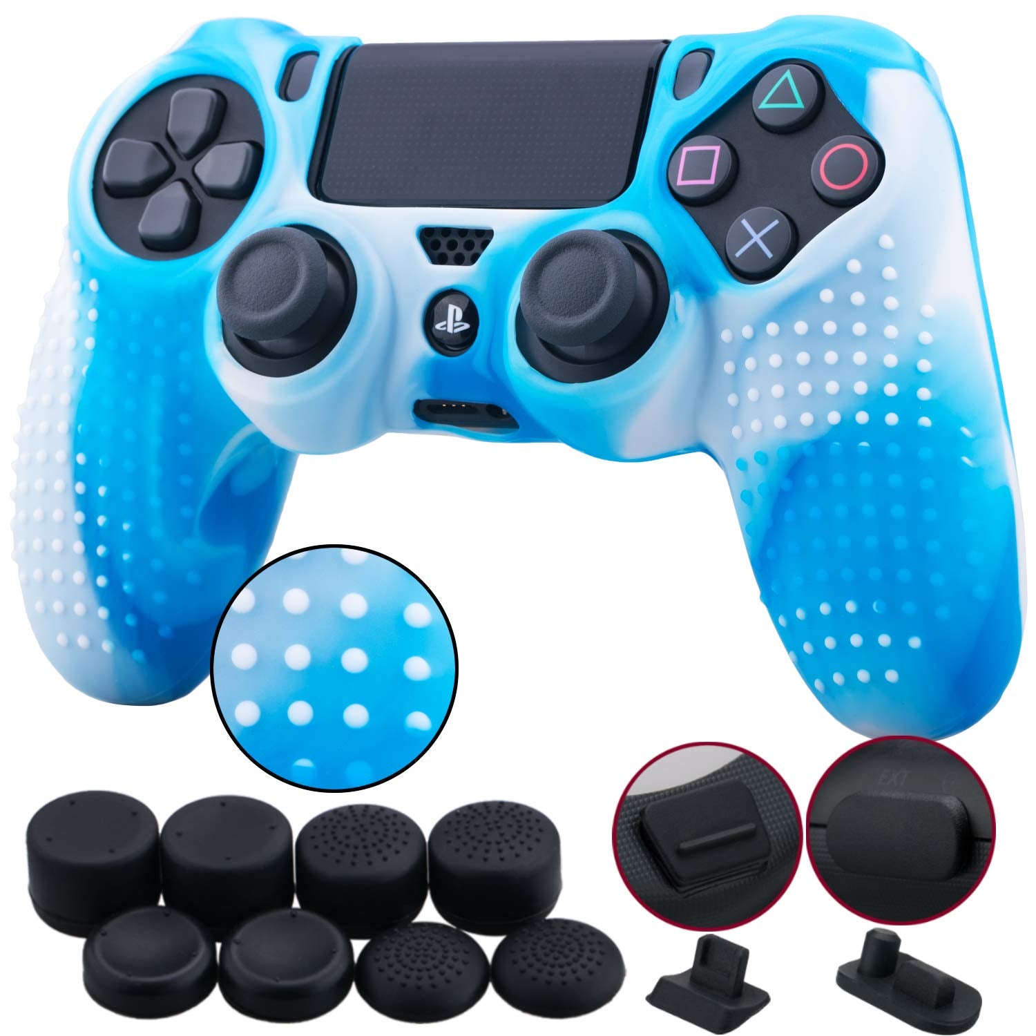 9Cdeer 1 Piece of Silicone Studded Water Transfer Protective Sleeve Case Cover Skin + 8 Thumb Grips Analog Caps + 2 Dust Proof Plugs for Ps4/Slim/Pro Dualshock 4 Controller, Skull Red  9CDeer white blue studded 