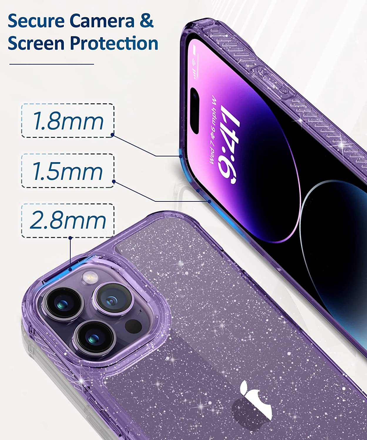 MIODIK for Iphone 14 Pro Max Case Clear Glitter, with Screen Protector + Camera Protector, [Military-Grade Protective] [Non-Yellowing] Slim Shockproof Women Cute Bumper Cover 6.7" 2022 (Light Purple)  MIODIK   