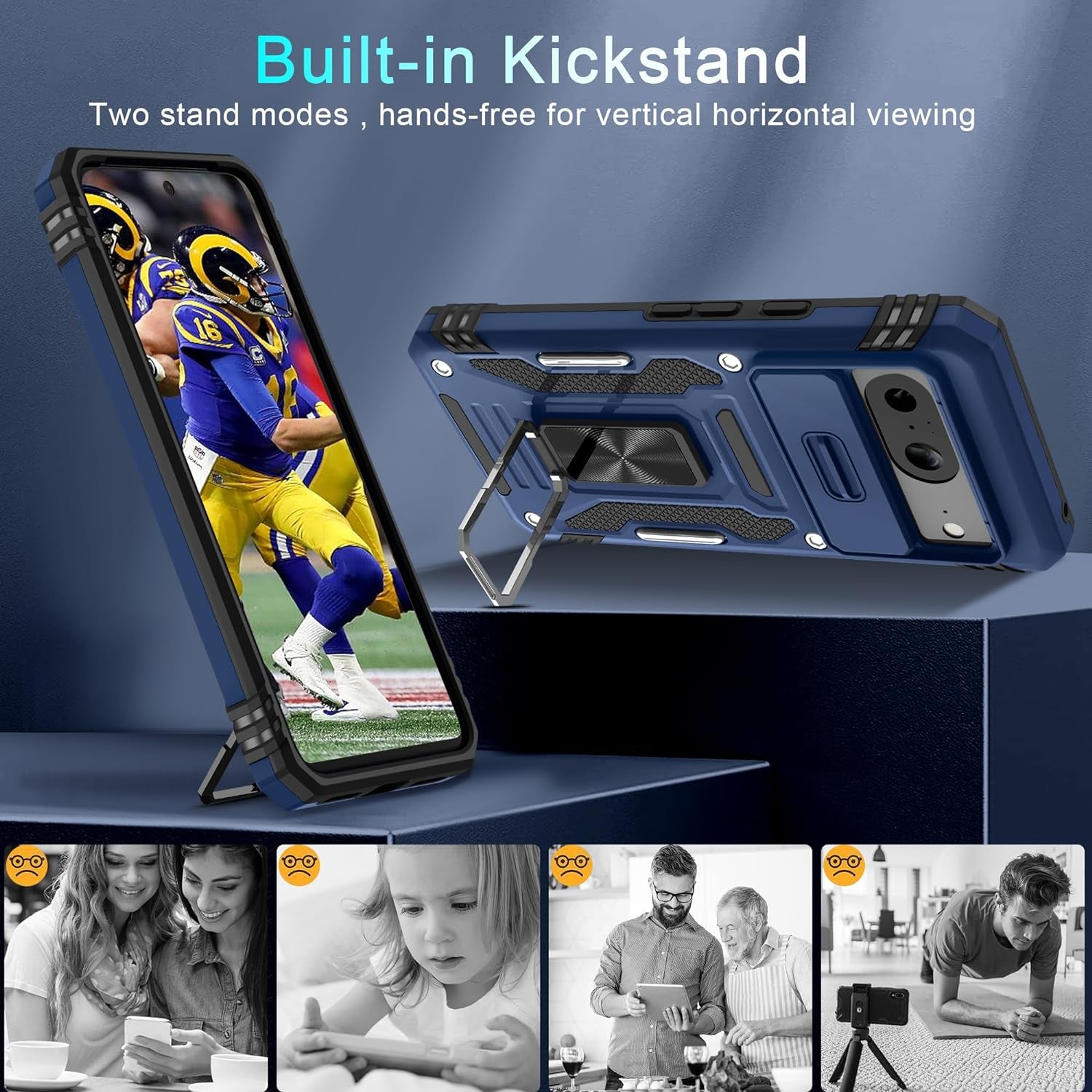 DEERLAMN for Google Pixel 8 Case with Slide Camera Cover+Screen Protector (1 Pack), Rotated Ring Kickstand Military Grade Shockproof Heavy Duty Protective Cover -Navy Blue  DEERLAMN   